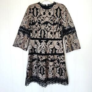 Antonio Melani Black Gold Metallic Lace Shift Dress Bell Sleeve 8